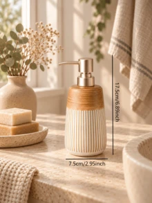 Cirelle 1pc Striped Refillable Soap Dispenser, Countertop Liquid Pump Bottle, Household Lotion Container, Dual‑Tone Decorative Hand Wash Storage Vessel For Sink Area,Suitable For Housewarming Gifts, Event Gifts, And Creating A Unique Home Atmosphere - default - View 4