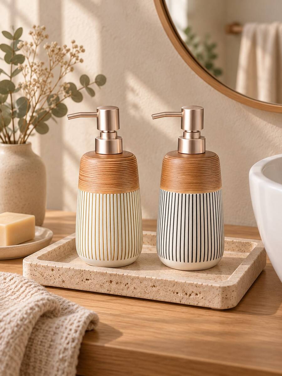 Cirelle 1pc Striped Refillable Soap Dispenser, Countertop Liquid Pump Bottle, Household Lotion Container, Dual‑Tone Decorative Hand Wash Storage Vessel For Sink Area,Suitable For Housewarming Gifts, Event Gifts, And Creating A Unique Home Atmosphere - default - View 1