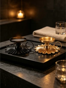 Cirelle 1pc Metal Pillar Candle Holder With Ring Handle - Vintage Sunburst Fluted Base Candle Plate For Pillar Candles & Jar Candles, Decorative Chamberstick Candle Stand For Table Centerpiece Gold/Black) - multicolor - View 9