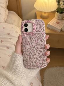 Kawaii Fluffy Pink Leopard Print Phone Case, 3D Cute Cat Face Design Soft Fuzzy Warm Winter Shock‑Absorbing Phone Cover Compatible With Iphone - Multicolor - View 5