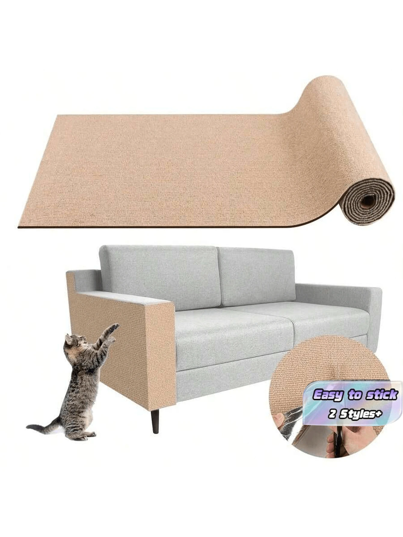Cat Scratch Mat, Self-Adhesive Trimmable Carpet, Cat Scratch Post Carpet, Furniture Protector Against Scratching - Khaki - View 1