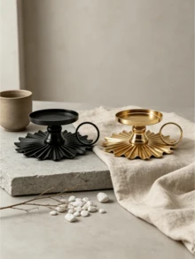 Cirelle 1pc Metal Pillar Candle Holder With Ring Handle - Vintage Sunburst Fluted Base Candle Plate For Pillar Candles & Jar Candles, Decorative Chamberstick Candle Stand For Table Centerpiece Gold/Black) - multicolor - View 1