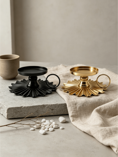 Cirelle 1pc Metal Pillar Candle Holder With Ring Handle - Vintage Sunburst Fluted Base Candle Plate For Pillar Candles & Jar Candles, Decorative Chamberstick Candle Stand For Table Centerpiece Gold/Black)
