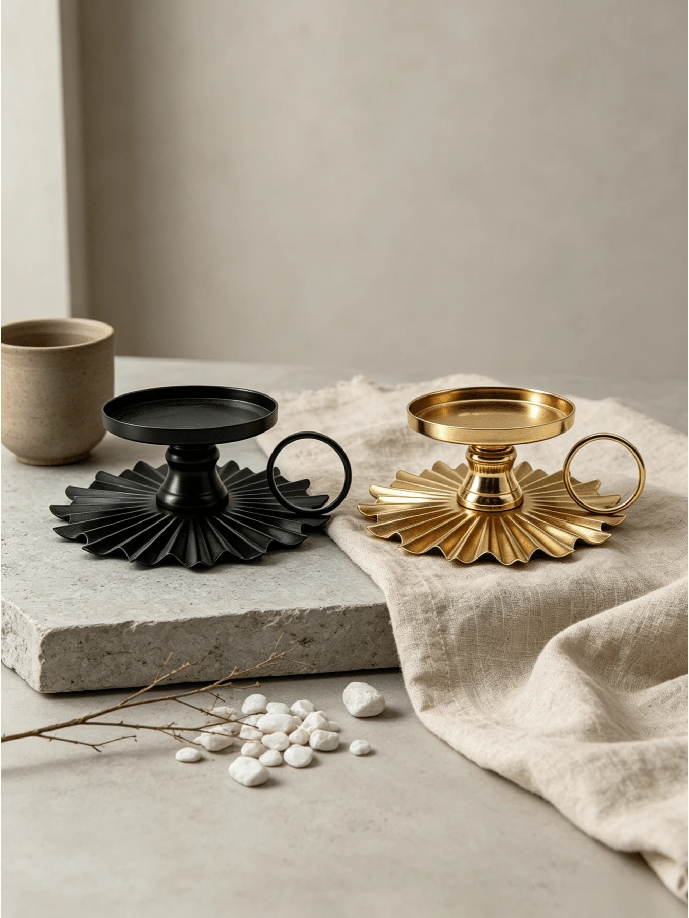 Cirelle 1pc Metal Pillar Candle Holder With Ring Handle - Vintage Sunburst Fluted Base Candle Plate For Pillar Candles & Jar Candles, Decorative Chamberstick Candle Stand For Table Centerpiece Gold/Black) - multicolor - View 1