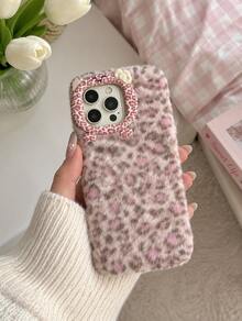 Kawaii Fluffy Pink Leopard Print Phone Case, 3D Cute Cat Face Design Soft Fuzzy Warm Winter Shock‑Absorbing Phone Cover Compatible With Iphone - Multicolor - View 7