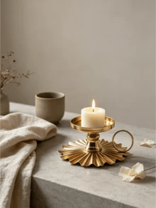 Cirelle 1pc Metal Pillar Candle Holder With Ring Handle - Vintage Sunburst Fluted Base Candle Plate For Pillar Candles & Jar Candles, Decorative Chamberstick Candle Stand For Table Centerpiece Gold/Black) - multicolor - View 3
