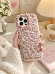 Kawaii Fluffy Pink Leopard Print Phone Case, 3D Cute Cat Face Design Soft Fuzzy Warm Winter Shock‑Absorbing Phone Cover Compatible With Iphone - Multicolor - View 2
