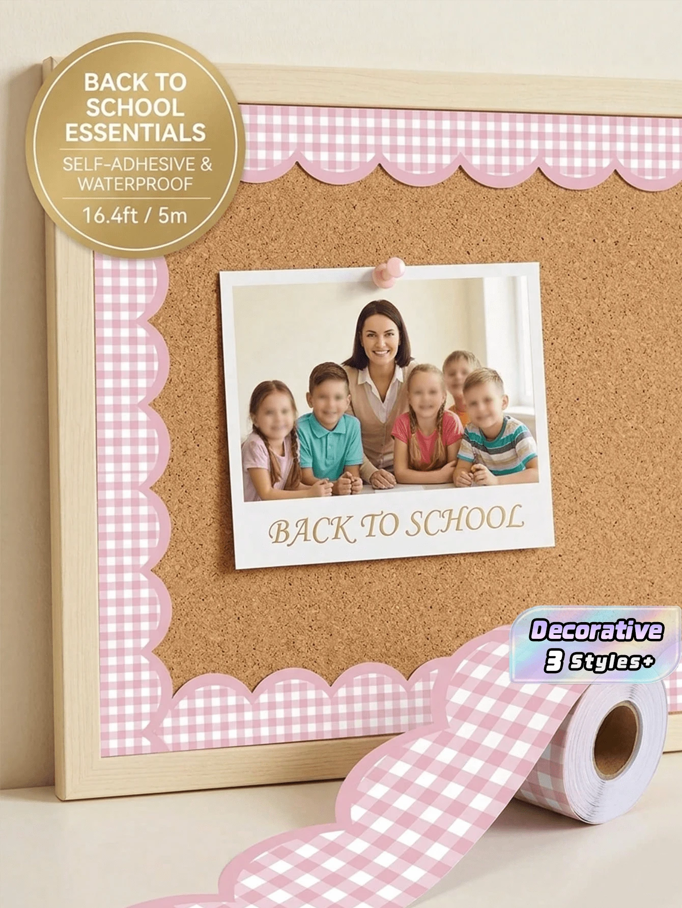 16.4ft Pink Plaid Self-Adhesive Bulletin Board Frame With Elegant Wavy ...