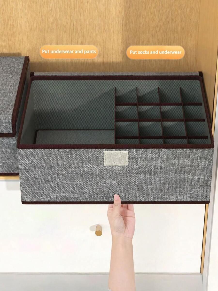 1/3pcs Gray Underwear And Sock Storage Box, Simple Style, Linen Cotton Rectangular Foldable Divider Underwear And Sock Storage Box, Drawer-Style Divider Storage Suitable For Family Use. - Grey - View 1