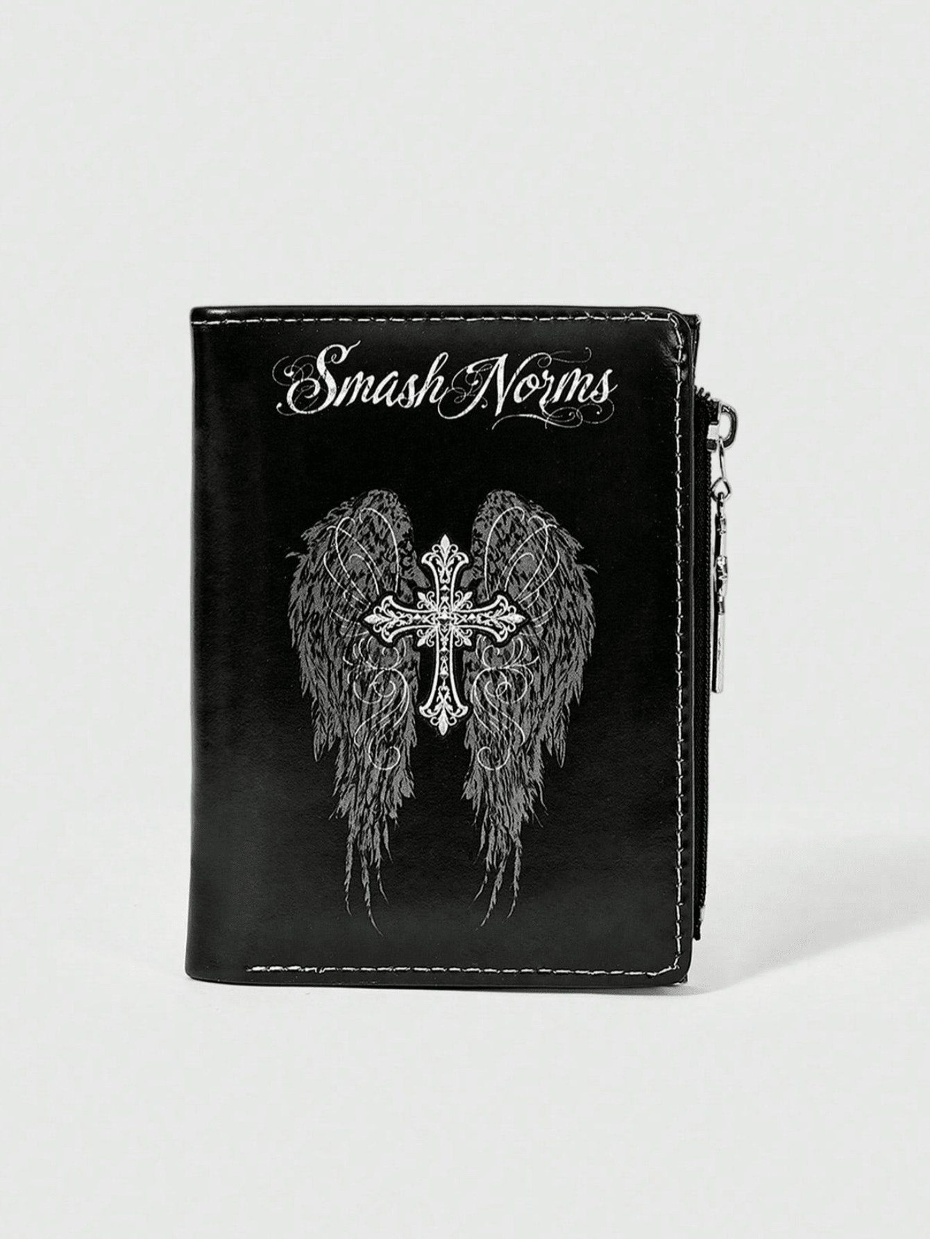 1Pc Gothic Dark Neutral Wallet Feather Cross Creative Design Pattern Punk Cross Zipper Change Bag, Casual Fashion Card Bag