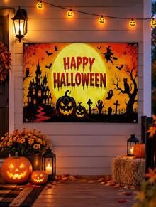 Halloween Banner Decorations, Happy Halloween Pumpkin Witch Ghost Castle Moon Design Backdrop, Large Halloween Holiday Door Mural For Outdoor Indoor Home Party Decor - multicolor - View 2
