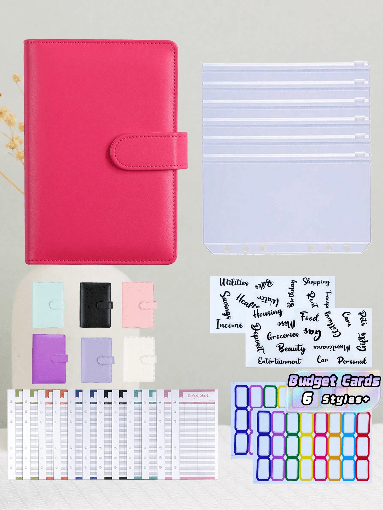 1PC Macaron Button Cash Savings Ledger Binder With 6 Envelopes 12 Budget Cards 2 English Labels 2 Color Labels Money Challenge Organizer - Sets - View 1