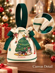 Muroi Mono 2 Packs Christmas Drawstring Gift Bags, Festive Printed Polyester Pouches With Handheld Strap & Bow Decor, Reusable Xmas Treat Goodie Sacks, Portable Gift Storage For Presents, Holiday Party Home Fireplace Xmas Season Decor Supplies - View 5