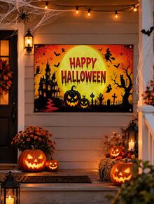 Halloween Banner Decorations, Happy Halloween Pumpkin Witch Ghost Castle Moon Design Backdrop, Large Halloween Holiday Door Mural For Outdoor Indoor Home Party Decor - multicolor - View 4