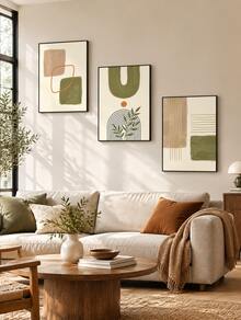 3Pcs Boho Abstract Geometric Canvas Wall Art Prints, Green Beige Terracotta Mid‑Century Poster, Unframed Art Painting For Living Room Bedroom Home Decor - multicolor - View 2