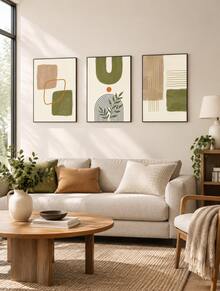 3Pcs Boho Abstract Geometric Canvas Wall Art Prints, Green Beige Terracotta Mid‑Century Poster, Unframed Art Painting For Living Room Bedroom Home Decor - multicolor - View 9