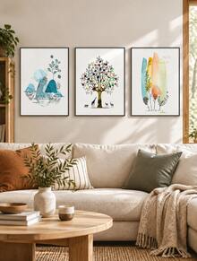 3Pcs Watercolor Tree & Animal Wall Art Prints, Abstract Boho Nature Canvas Posters, Colorful Botanical Painting, Unframed Wall Decor For Stairway, Living Room & Bedroom - multicolor - View 2