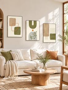 3Pcs Boho Abstract Geometric Canvas Wall Art Prints, Green Beige Terracotta Mid‑Century Poster, Unframed Art Painting For Living Room Bedroom Home Decor - multicolor - View 6