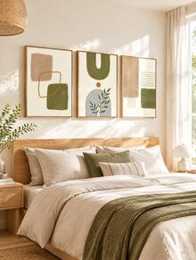 3Pcs Boho Abstract Geometric Canvas Wall Art Prints, Green Beige Terracotta Mid‑Century Poster, Unframed Art Painting For Living Room Bedroom Home Decor - multicolor - View 4