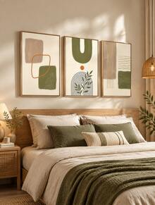 3Pcs Boho Abstract Geometric Canvas Wall Art Prints, Green Beige Terracotta Mid‑Century Poster, Unframed Art Painting For Living Room Bedroom Home Decor - multicolor - View 10