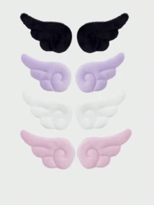 ROMWE Kawaii 8件組雙面麂皮天使之翼黑色紫色粉色白色組合胸針，適用於包包、衣物、帽子及配件，適合日常佩戴 - 黑紫白粉 - 查看 1