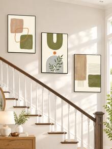 3Pcs Boho Abstract Geometric Canvas Wall Art Prints, Green Beige Terracotta Mid‑Century Poster, Unframed Art Painting For Living Room Bedroom Home Decor - multicolor - View 7