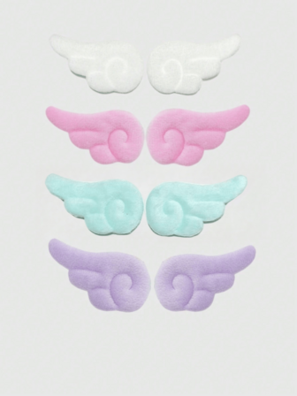 Kawaii 8pcs Flocked Angel Wings Brooch Set, White Pink Purple Mint Blue, For Bags, Clothing, Hats, Accessories, Daily Decoration And Matching