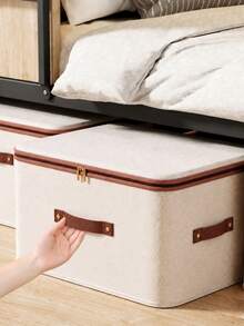 Fabric Storage Bin Foldable Cloth Box With Lid For Clothes Toys & Home Organization Cotton Linen Organizer For Bedroom - rice - View 3