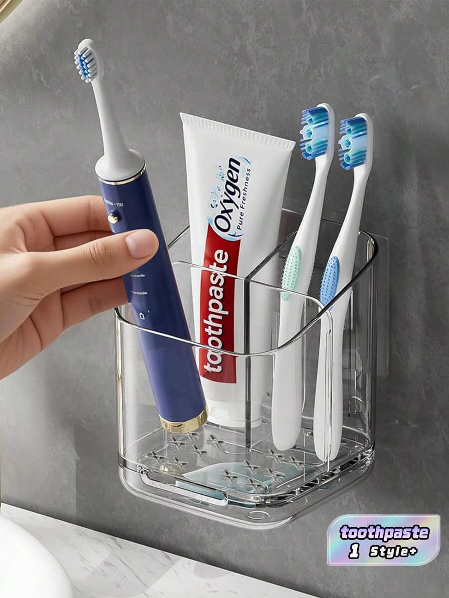 Kotak Penyimpanan Akrilik Multifungsi, Tempat Sikat Gigi Transparan, Rak Penyimpanan Dinding, Organizer Kamar Mandi Kreatif Tanpa Pengeboran. Dapat Menyimpan Sisir, Sikat Gigi, Pasta Gigi, Sabun, Pisau Cukur, Kosmetik, dan Aksesoris. - Bingkai akrilik - View 1
