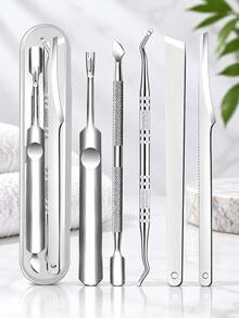 5pcs/Set Stainless Steel Cuticle Pusher Remover Nipper Trimmer Professional Nail Tool Kit Salon Home Use Manicure Pedicure Essentials At Home Nail Care Tools - silver - View 5