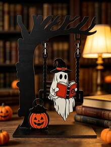 Wooden Halloween Ghost Themed Desktop Ornament, Swing & Book Corner Shelf Decor, Festive Atmosphere Tabletop Display For Home Decoration - View 2