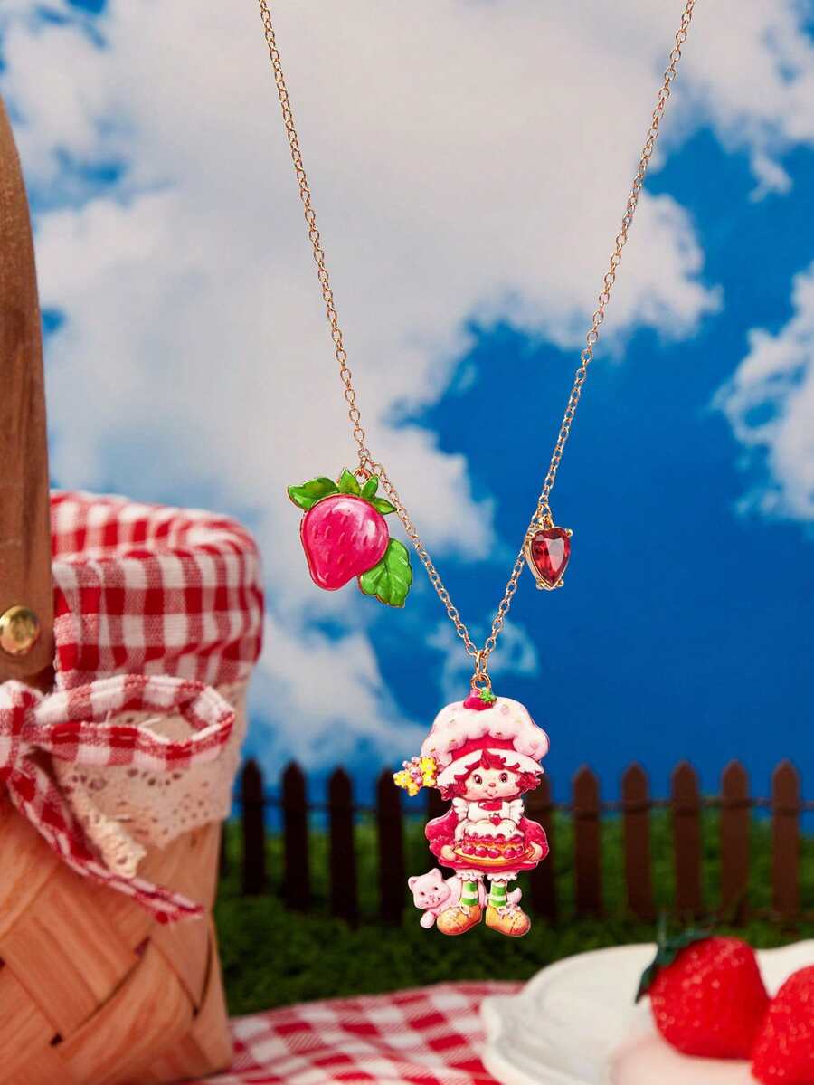Strawberry Shortcake X SHEIN 1PC New Creative Cartoon Doll Pattern Pendant Exquisite Necklace, Cute, Casual, Can Also Be Used As Accessories, Suitable For Various Parties, Concert - Gold - View 1