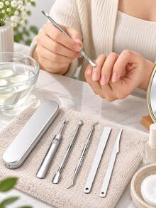 5pcs/Set Stainless Steel Cuticle Pusher Remover Nipper Trimmer Professional Nail Tool Kit Salon Home Use Manicure Pedicure Essentials At Home Nail Care Tools - silver - View 8