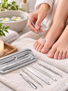 5pcs/Set Stainless Steel Cuticle Pusher Remover Nipper Trimmer Professional Nail Tool Kit Salon Home Use Manicure Pedicure Essentials At Home Nail Care Tools - silver - View 10