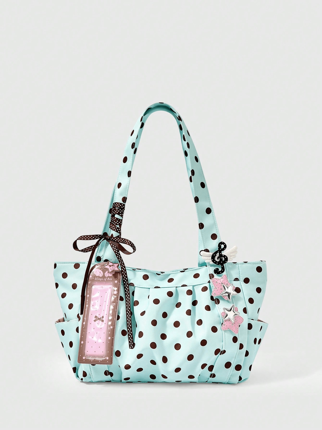 Anime Süße Wind-Polka-Dot-bedruckte Schultertasche mit großer Kapazität, mit Kartenfach und Stern-Schleifenanhänger, modische Damen-Tragetasche, geeignet für den Alltag