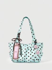 ROMWE Anime Tas Bahu Kapasitas Besar Motif Polkadot Lucu, Dilengkapi Penutup Kartu dan Liontin Pita Bintang, Tas Tote Wanita Modis, Cocok untuk Penggunaan Sehari-hari - Kopi hijau - View 1