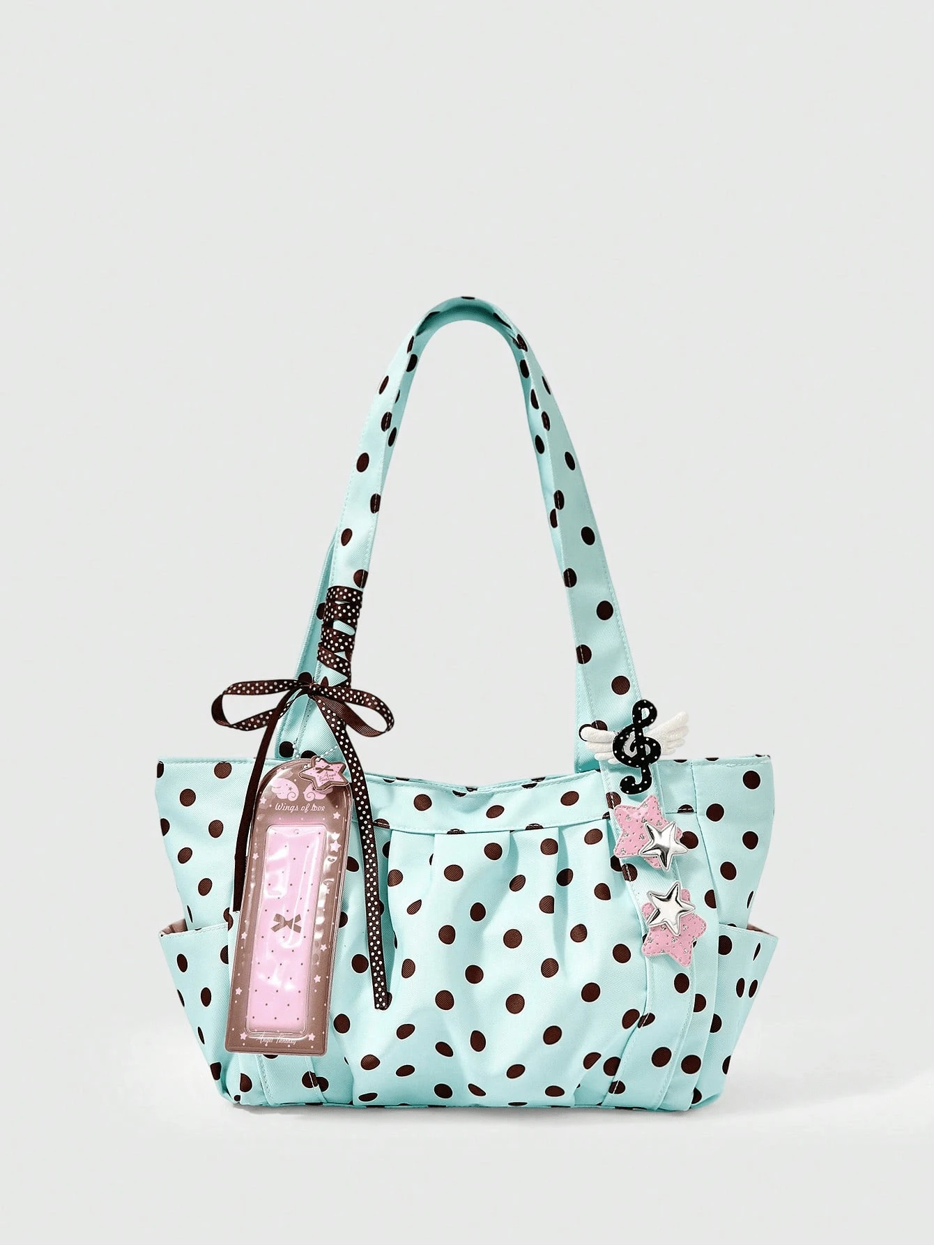 ROMWE Anime Tas Bahu Kapasitas Besar Motif Polkadot Lucu, Dilengkapi Penutup Kartu dan Liontin Pita Bintang, Tas Tote Wanita Modis, Cocok untuk Penggunaan Sehari-hari - Kopi hijau - View 1