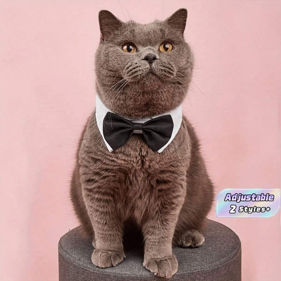 Adjustable Pet Bow Tie Collar, Formal Tuxedo Style Dog Cat Collar With Bowtie, Wedding Party Costume Accessory For Small Puppy Kitten - Black and White - View 1
