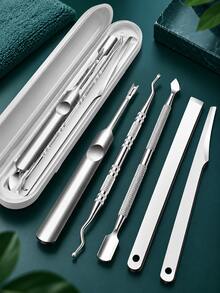 5pcs/Set Stainless Steel Cuticle Pusher Remover Nipper Trimmer Professional Nail Tool Kit Salon Home Use Manicure Pedicure Essentials At Home Nail Care Tools - silver - View 3