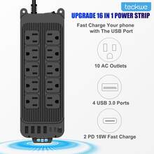 Teckwe Stopkontak 16-in-1 dengan Pelindung Lonjakan Arus dan USB, 10 Stopkontak AC dengan Jarak Lebar, 4 Port Pengisian Cepat USB-A & 2 Port Pengisian Cepat USB-C PD 18W, Kabel Ekstensi 4 Kaki, Perpanjangan Stopkontak yang Dapat Dipasang di Dinding 2400W/12A untuk Rumah dan Kantor - Hitam - View 2
