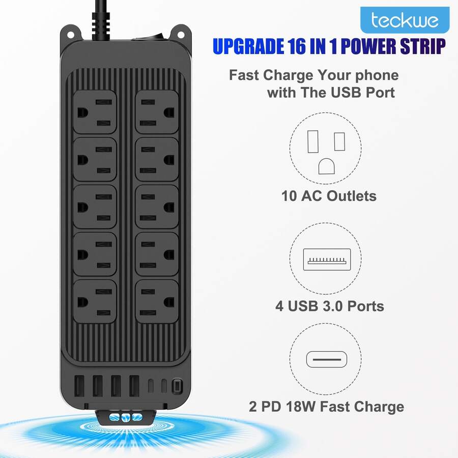 Teckwe Stopkontak 16-in-1 dengan Pelindung Lonjakan Arus dan USB, 10 Stopkontak AC dengan Jarak Lebar, 4 Port Pengisian Cepat USB-A & 2 Port Pengisian Cepat USB-C PD 18W, Kabel Ekstensi 4 Kaki, Perpanjangan Stopkontak yang Dapat Dipasang di Dinding 2400W/12A untuk Rumah dan Kantor