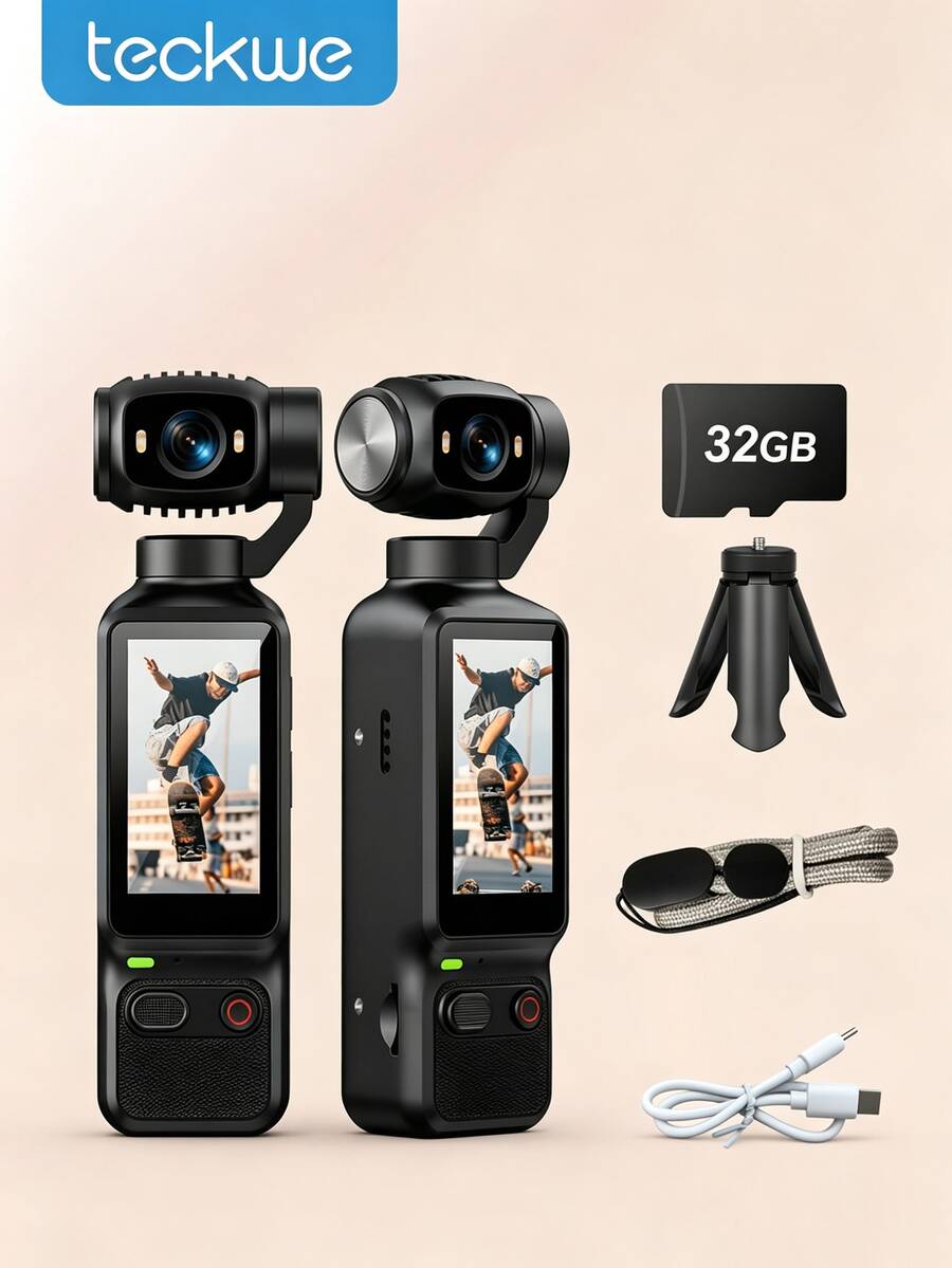 Teckwe Kamera Saku Perekam Video HD 4K - Baterai 1800mAh, Layar 1,9 Inci yang Dapat Diputar 180°, Webcam, Port Pengisian Daya USB-C, Kartu Memori 32G, Kamera Kompak Audio-Video Mini, Kamera Olahraga Luar Ruangan, Cocok untuk Olahraga Luar Ruangan, Bersepeda, Perjalanan, dan Adegan Lainnya
