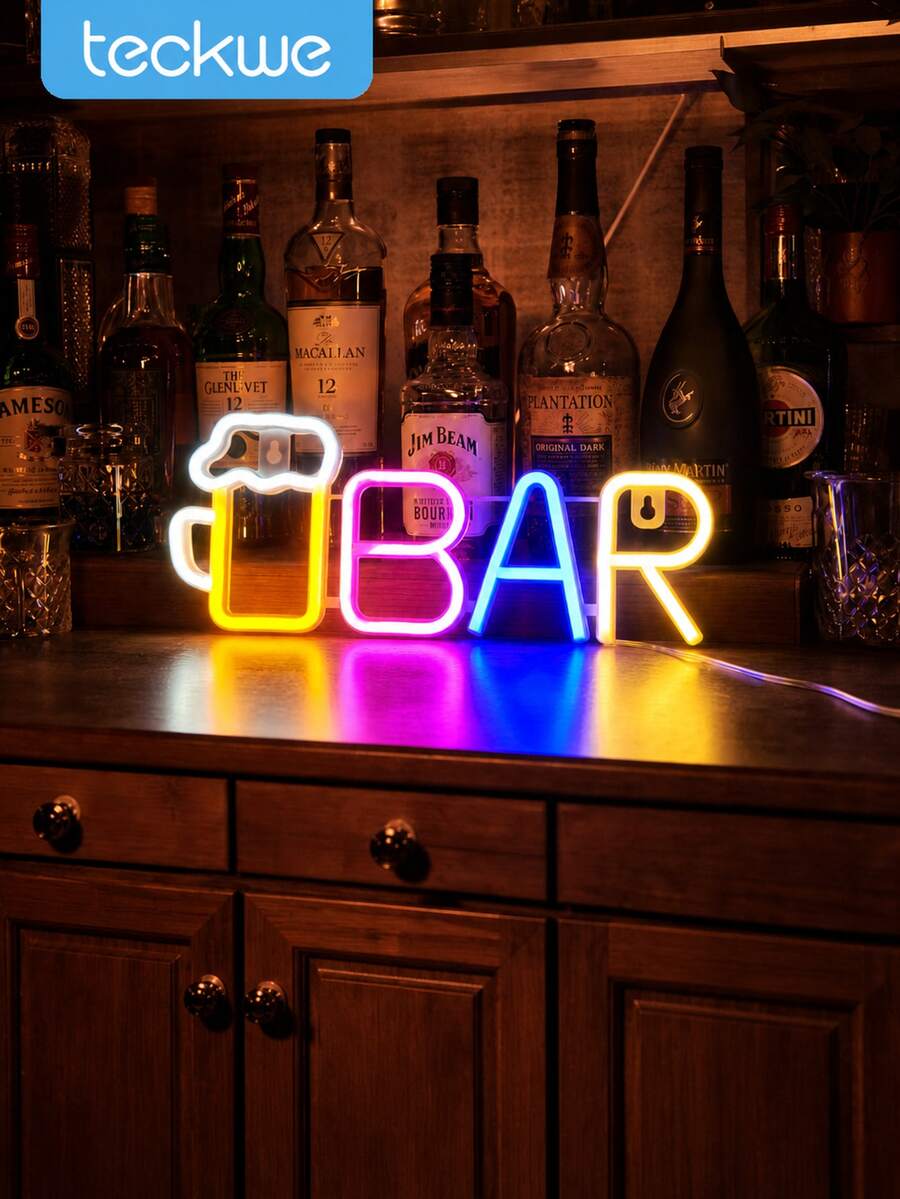 Teckwe Neonljusskylt för bar med ölmugg och ölglas, LED-bokstavslampa, USB- eller batteridriven, bords- och väggdekoration för hembar, man cave, spelrum, kök, pub, födelsedagsparty och som present - Vinglas BAR-rosa och blåvarmt - Visa 1