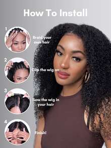 Kinky Curly V-Part 假髮 真人髮 100% 真人髮 無膠夾入式 V-Part 捲髮假髮 無需膠水 無縫縫 初學者友善 150 密度 - Natural Black - 查看 4