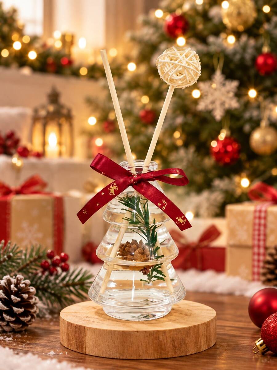 Cirelle Christmas Tree Shaped Reed,Crafted With Transparent Glass Bottle And Decorative Rattan Balls. It Releases Pleasant Scent To Fill The Room. Perfect For Tabletop Decor During Holiday Season, Suitable For Bedroom Display And Festive Gift Giving. - multicolor - View 1
