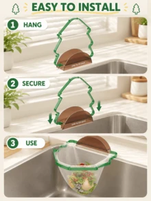 Joivida 1Pc/4Pcs Christmas Tree Shape Kitchen Sink Filter Rack, Carbon Steel Iron Frame & ABS Cover Hanging Food Waste Catcher, Foldable Drain Strainer, 2-In-1 Sink Residue Filter & Sponge Holder For Kitchen Counter Sink - multicolor - View 13