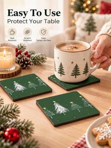 Cirelle 1 Set/2 Set 6PCS/12PCS Tatakan Gelas Kayu Natal Warna Hijau Tua, Alas Cangkir Persegi Tahan Panas Anti Selip dengan Motif Pohon Natal, Dekorasi Meja Meriah untuk Cangkir Kopi, Meja Makan, Dapur, Pesta Natal, Dekorasi Rumah Liburan - MultiWarna - View 9
