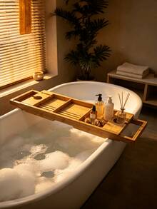 1pc Bamboo Bathtub Caddy Tray, Expandable Bath Tray For Tub, Adjustable Wooden Bath Organizer With Wine Glass & Book Holder, Bathroom Storage Rack For Bathtub, Spa Reading & Bathing Accessories - Bamboo - View 6