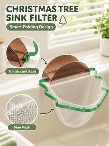 Joivida 1Pc/4Pcs Christmas Tree Shape Kitchen Sink Filter Rack, Carbon Steel Iron Frame & ABS Cover Hanging Food Waste Catcher, Foldable Drain Strainer, 2-In-1 Sink Residue Filter & Sponge Holder For Kitchen Counter Sink - multicolor - View 12