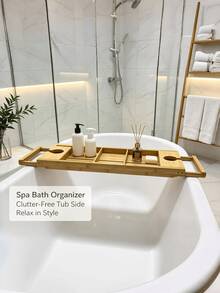 1pc Bamboo Bathtub Caddy Tray, Expandable Bath Tray For Tub, Adjustable Wooden Bath Organizer With Wine Glass & Book Holder, Bathroom Storage Rack For Bathtub, Spa Reading & Bathing Accessories - Bamboo - View 7